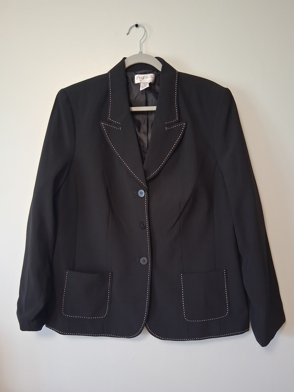 Mary McFadden Vintage Black Structured Blazer White Topstitch Career Jacket 16